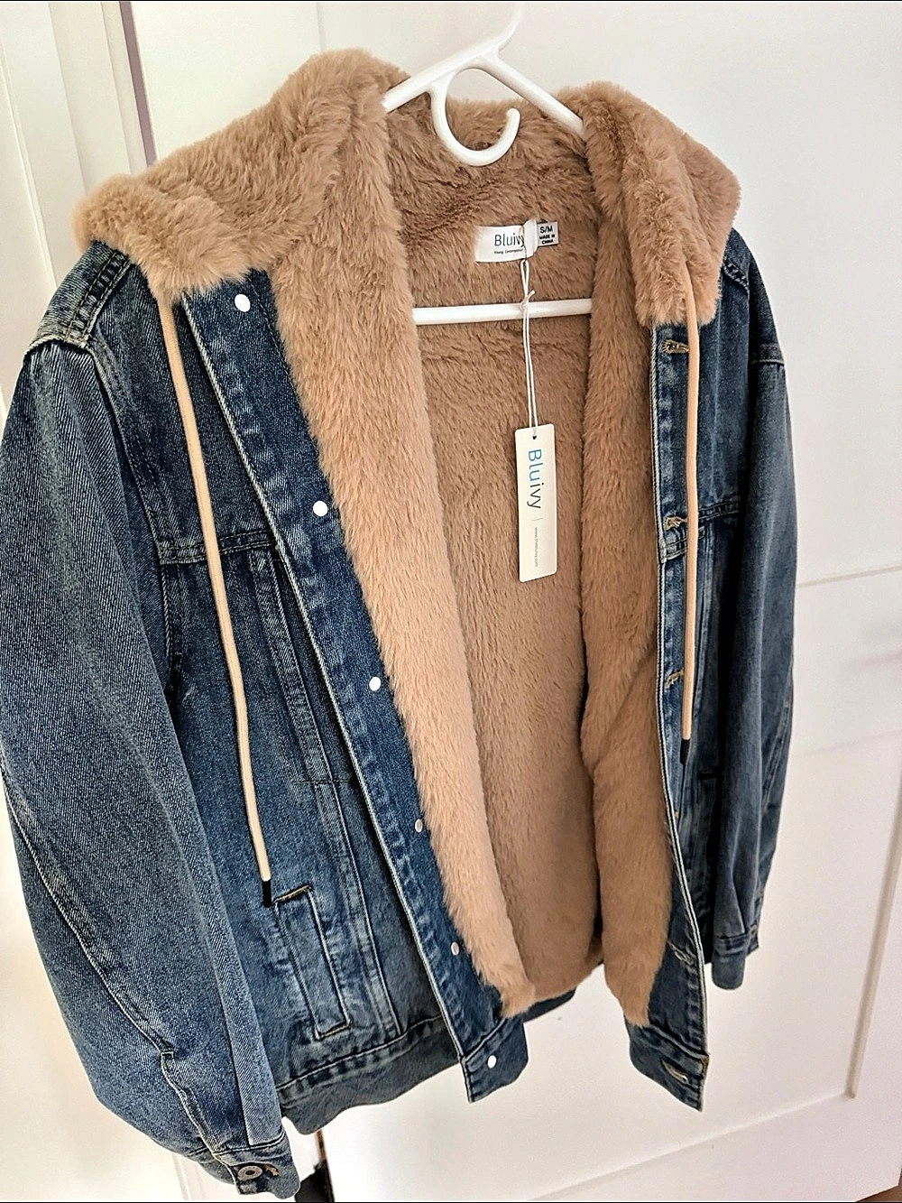 Bluivy Button Down Faux Fur Hooded Denim Jacket Blue & Brown Small